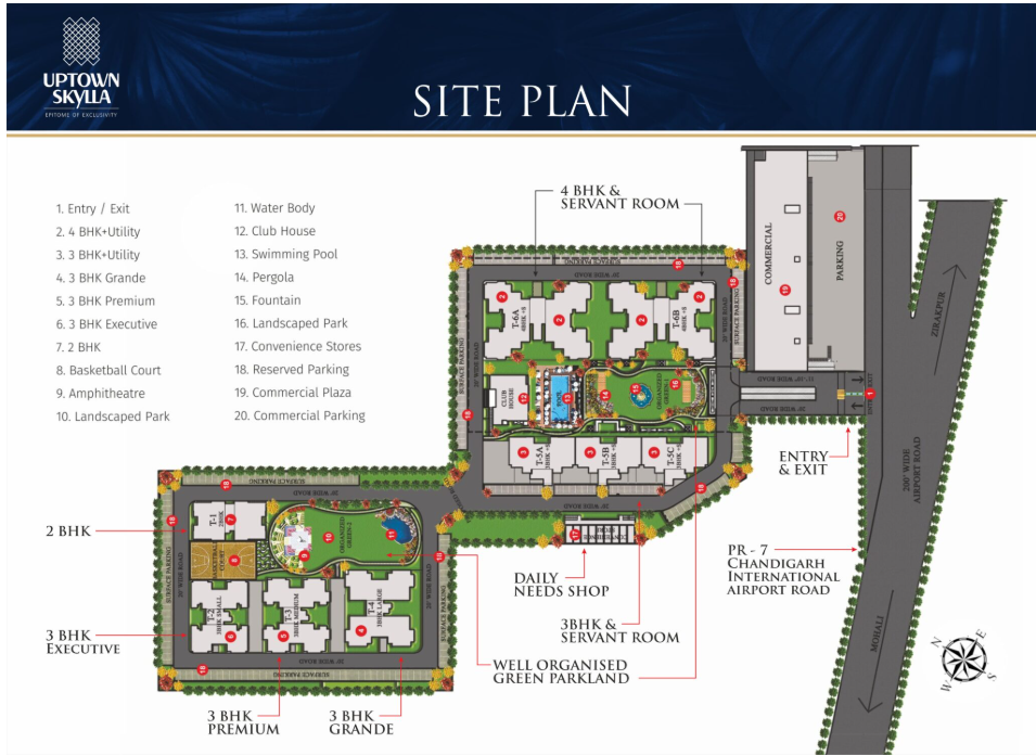 Uptown Skylla site plan map showing towers, amenities, green areas, and PR-7 entry